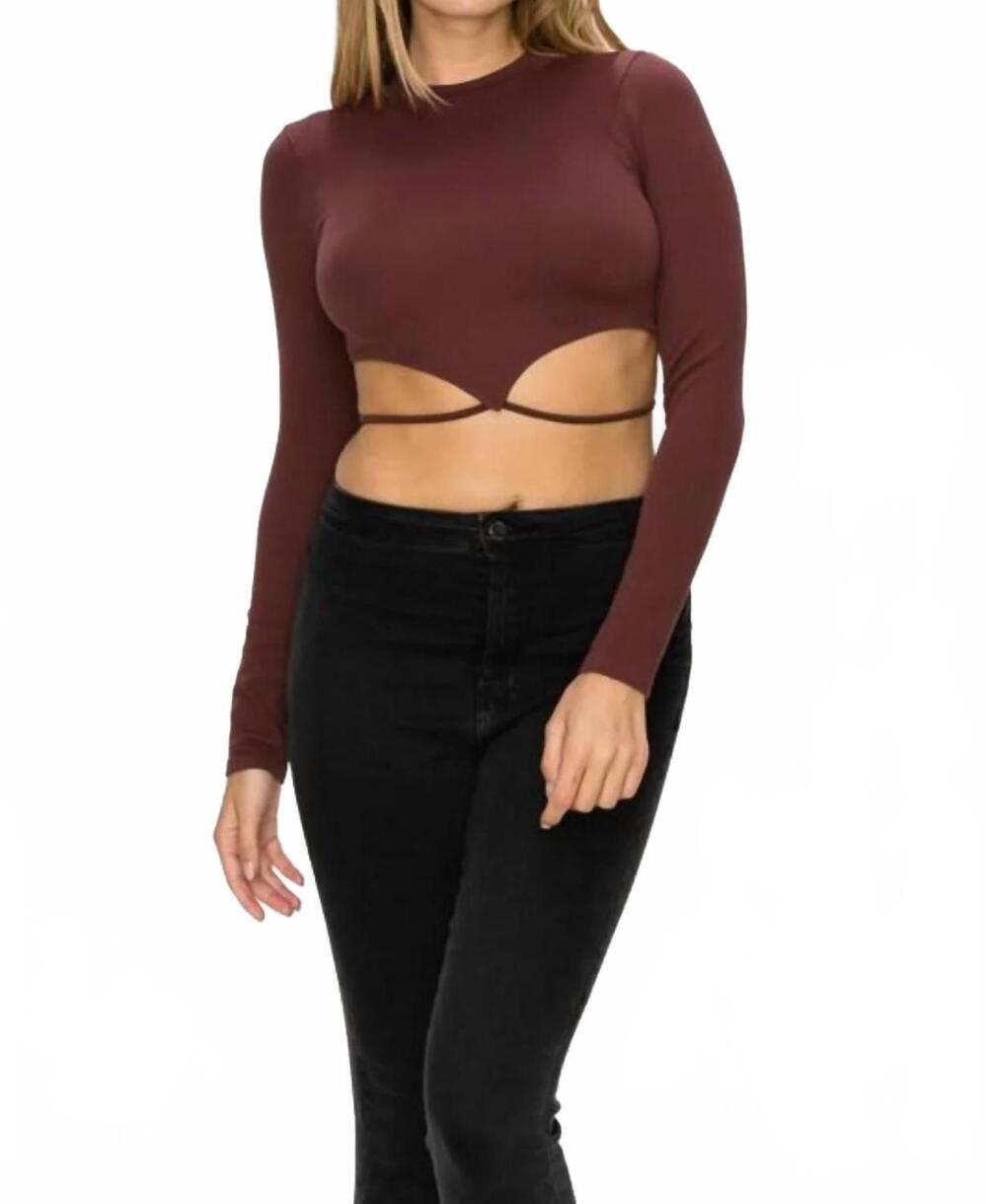 NEW ANWND cassidy long sleeve mid tie up crop top in red bean